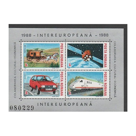 O) 1988 ROMANIA, CARS, TRAINS, SATELLITE, HORSE, SOUVENIR MNH