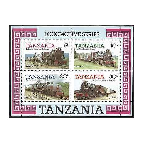B)1985 TANZANIA, TRAINS, RAILWAYS, RAILROAD, LOCOMOTIVES SERIES, BLOCK OF 4