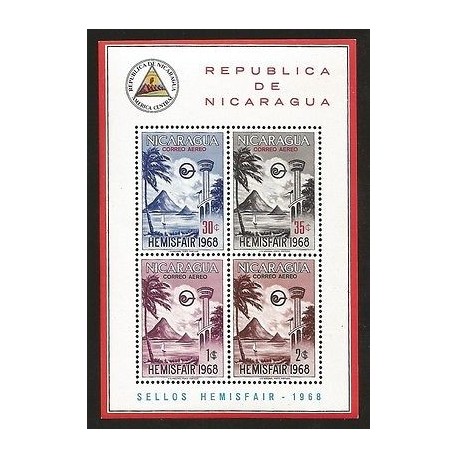 E)1968 NICARAGUA, VIEW EXHIBITION TOWER AND EMBLEM, AP93, SOUVENIR SHEET, MNH 
