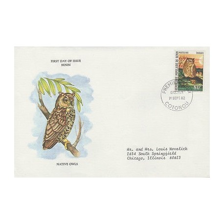 O) 1982 BENIN-AFRICA, OWLS, FDC USED TO CHICAGO, XF