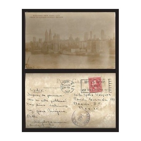 B)1937 USA, CITY, TWO CENTS RED WASHINGTON, MIDTOWN NEW YORK CITY FROM QUEENSBO