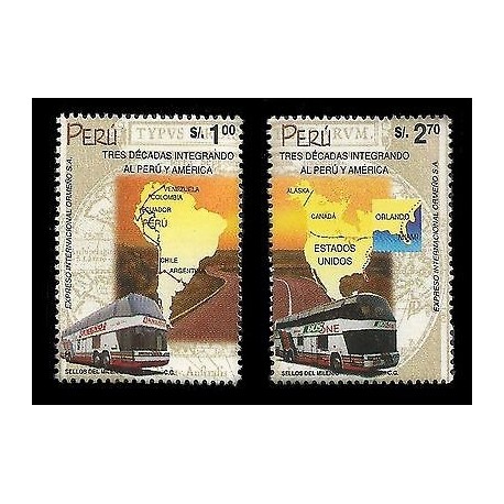 E)200O PERU, ORMEÑO, BUS AND MAP OF SOUTH AMERICA AND NORTH AMERICA, 30TH ANNIV