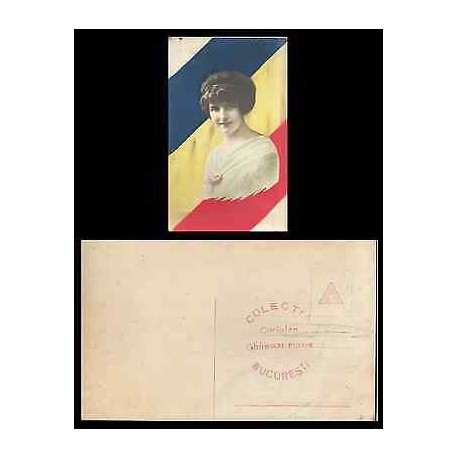 B)1910 ROMANIA, LADY, FLAG, DRAWING, ROMANIAN WOMAN, UNUSED, POSTCARD