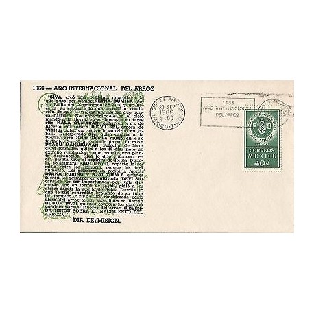 B)1966 MEXICO, EAR OF RICE, RICE, LETTERS, INTERNATIONAL YEAR OF RICE, FDC