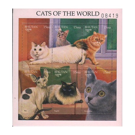 E)1997 BHUTAN, CATS OF THE WORLD, FELINES, ANIMAL, SOUVENIR SHEET OF 6, MNH 