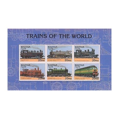 E)1996 BHUTAN, TRAINS OF THE WORLD, RAILWAYS, LOCOMOTIVES, CHILE, FRANCE, NORWAY