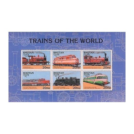 E)1996 BHUTAN, TRAINS OF THE WORLD, RAILWAYS, LOCOMOTIVES, INDIA, FINLAND, RUSS