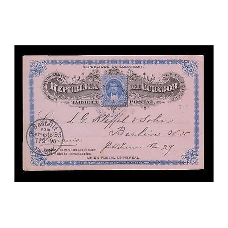 E)1896 ECUADOR, PRESIDENT VICENTE ROCAFUENTE, 39 A20, POSTCARD TO GERMANY