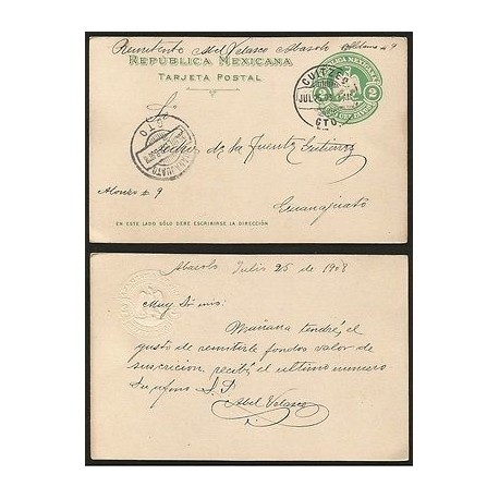 G)1908 MEXICO, EMBOSSED 2 CTS. EAGLE POSTAL STATIONARY, CIRCULAR CUITZEO GTO CAN