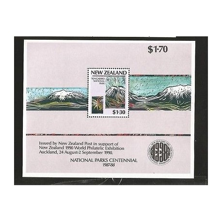 B)1987 NEW ZEALAND, PAINTING, MOUNTAINS, NATIONAL PARKS SYSTEM, 1990 WORLD PHIL