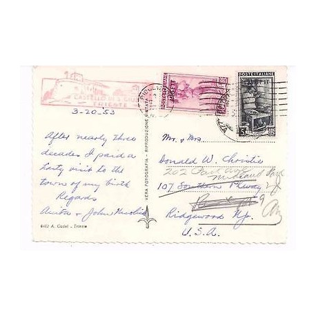 E) 1953 ITALIA, CASTELO DI S. GIUSTO TRIESTE, CIRCULATED TO USA, POST CARD
