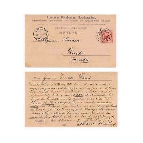 E) 1894 GERMANY, LEIPZIG POST CARD, REICHPOST TO ECUADOR, XF 