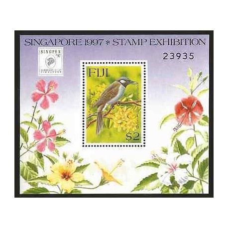 E)1997 FIJI, SINGPEX, SINGAPORE STAMP EXHIBITION, FLOWERS, BIRD, S/S, MNH