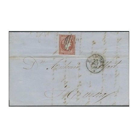 O) 1855 SPAIN, 4 CUARTOS QUEEN ISABEL II, CIRCULATED COVER FROM ZARAGOZA TO HUES