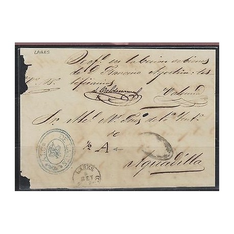 O) 1865 PUERTO RICO, FRONT LETTER, FROM LARES TO AGUADILLA, XF
