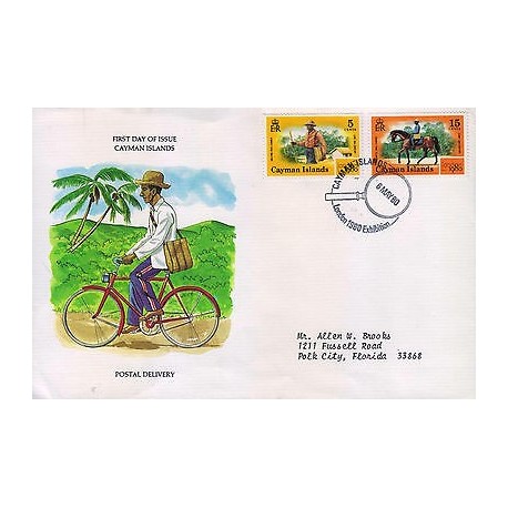 G)1980 CAYMAN ISLANDS, BICYCLE-HORSE, CYCLIST-WALKIG-MOUNTED MAIL CARRIER, FDC U