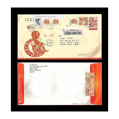 E)2013 CHINA, SNAKE-RABBIT, BIRDS-FLOWERS, POSTAGE PAID, CIRCULATED REGISTERED