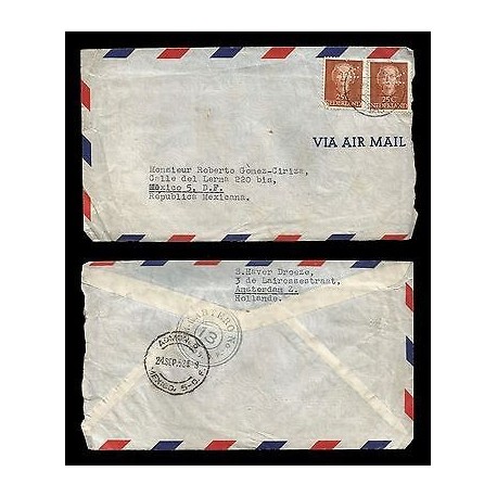E)1953 NETHERLANDS, QUEEN JULIANA,312 A76, PAIR OF 2, AIR MAIL, CIRCULATED COVE