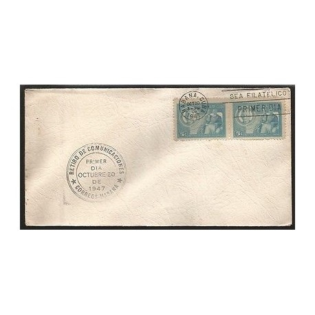 B)1947 CARIBBEAN, ANTONIO OMS SARRET AND AGED COUPLE, 5C BLUE, PAIR OF 2, WITHD