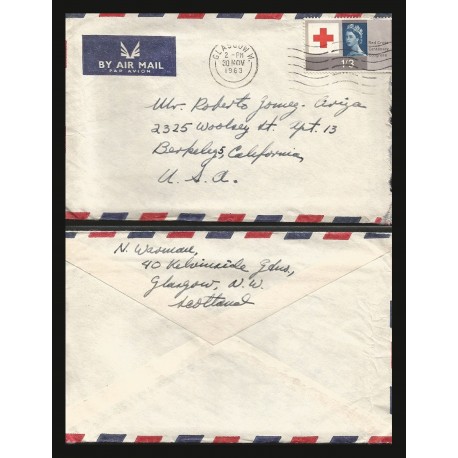 B)1963 SCOTLAND, QUEEN, RED CROSS CENTENARY CONGRESS, AIRMAIL. CIRCULATED COVER FROM GLASCOW SCOTLAND TO USA, 399 A163