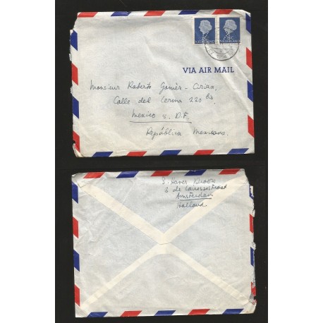 B)1954 NEDERLAND, QUEEN JULIANA, STRIP OF 2, 25C, DEEP BLUE, 348 A82, AIRMAIL,CIRCULATED COVER FROM NEDERLAND TO MEXICO, XF