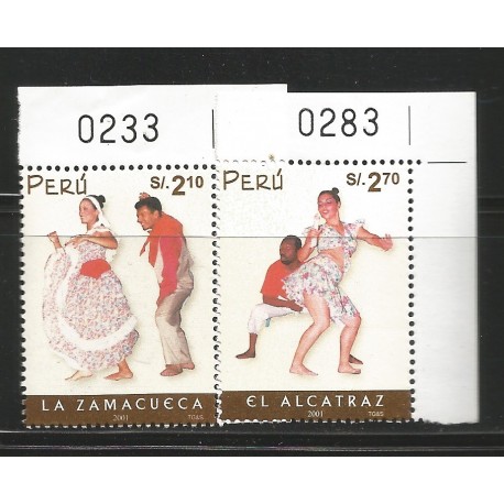 B)2001 PERU, DANCE, CULTURE, PEOPLE, FOLK DANCES, ZAMACUECA, ALCATRAZ, SET OF 2, SC 1331-1332 A626, S/S, MNH