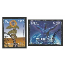 B)!999 PERU, EARTH, SUNFLOW- ER, AMERICA ISSUE, A NEW MILLENNIUM WITHOUT ARMS, SC 1238-1239 A561, S/S, MNH