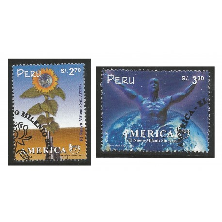 B)!999 PERU, EARTH, SUNFLOW- ER, AMERICA ISSUE, A NEW MILLENNIUM WITHOUT ARMS, SC 1238-1239 A561, S/S, MNH