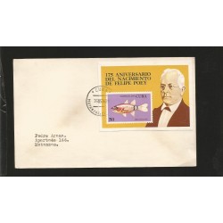 E)1974 CARIBBEAN, 175 ANNIVERSARY OF THE BIRTH OF FELIPE POEY, PORTRAIT, FISH, STAMP ON STAMP, CIRCULATED COVER TO MATANZAS, XF