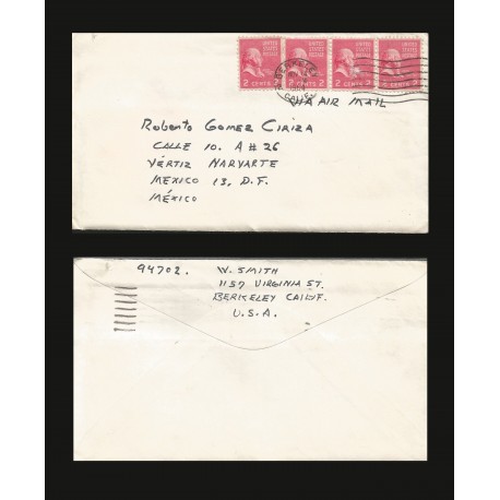 B)1964 UNITED STARES, JOHN ADAMS, STRIP OF 4, CIRCULATED COVER FROM BERKELEY TO MEXICO, XF