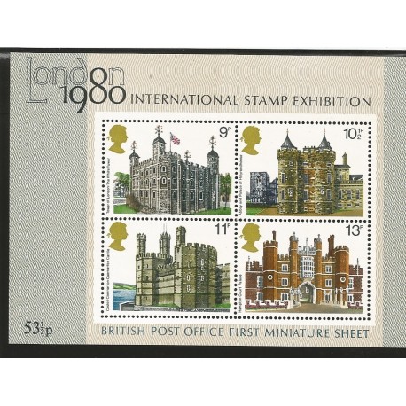 E)1979 GREAT BRITAIN, INTERNATIONAL STAMP EXHIBITION, SC A281 831-834, BRITISH ARCHITECTURE, SOUVENIR SHEET OF 4, MNH 