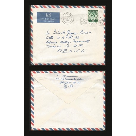 B)1964 SCOTLAND, ROYAL, ROYALTY, QUEEN ELIZABETH, AIRMAIL, CIRCULATED COVER FROM GLASCOW-SCOTLAND TO MEXICO, XF