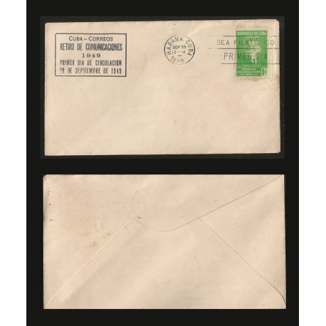 B)1949 CARIBE, TELEGRAPH, TECNOLOGY, WITHDRAWAL OF COMMUNICATIONS, ISMAEL CESPEDES, 1C, YELLOW GREEN, SC 438 A155, FDC
