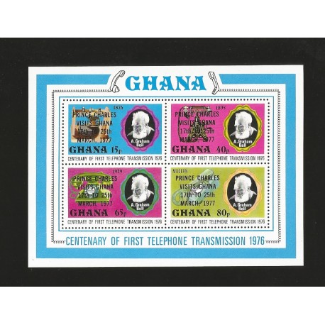 O) 1977 GHANA,TELEPHONE INVENTOR-ALEXANDER GRAHAM BELL-SPEECH THERAPIST, OVERPRINTED PRINCE CHARLES VISIT, SOUVENIR MNH