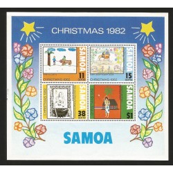 B)1982 SAMOA, CHILDRENS, DRAWINGS, VIRGIN AND CHILD, CHRISTMAS, BLOCK OF 4, SOUVENIR SHEET, SC 583-586 A127, MNH