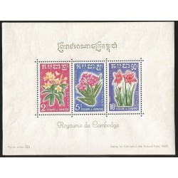 B)1969 CAMBODIA, NATURE, FLOWERS, SHOWN, OLEANDER, AMARYLLIS, FRANGIPANI, SC 91-92 A22, SOUVENIR SHEET OF 3, MNH