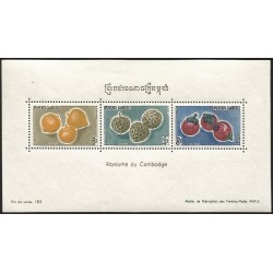 B)1962 CAMBODIA, FRUITS, TURMERIC, CINNAMON, MANGOSTEENS, SOUVENIR SHEET OF 3, SC 109-111 A27, MNH