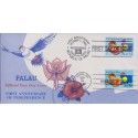 B)1995 PALAU, FAUNA, ANIMALS, ORCHID, MARINE LIFE, BIRDS, INDEPENDENCE, 1ST ANNIV. PAIR OF 2, FDC