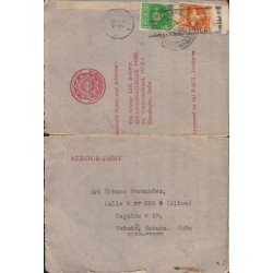 B)1956 INDIA, MAP OF INDIA, SC 278 A117, AEROGRAMME, CIRCULATED COVER FROM INDIA TO HABANA, XF