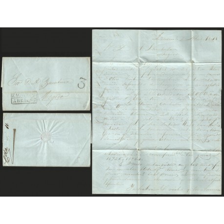RG)1848 MEXICO, ZACATECAS BLACK BOX, 3 REALES, CIRCULATED COMPLETE LETTER TO MEXICO, XF