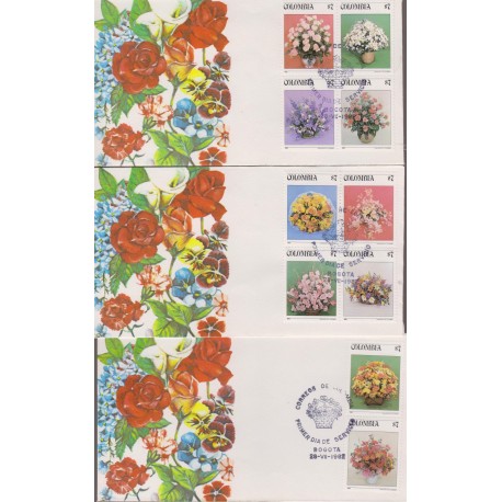 B)1982 COLOMBIA, FLOWERS, ROSES, FLOWERS IN VASE, FLORAL BOUQUET, SCADTA, 3COVERS, FDC