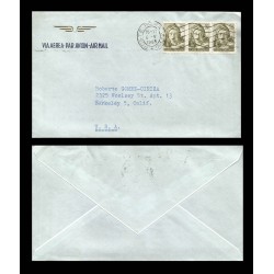 B)1968 ITALY, 50 LIRAS, SIBILLA DELFICA, POSTE ITALIANE, AIRMAIL, CIRCULATED COVER FROM ITALY TO USA, STRIP OF 3, XF