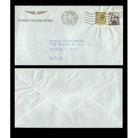 B)1963 ITALY, “ITALIA” AFTER SYRACUSEAN COIN, 700TH DEATH ANNIV, AIRMAIL, CIRCULATED COVER FROM ITALY TO USA, XF
