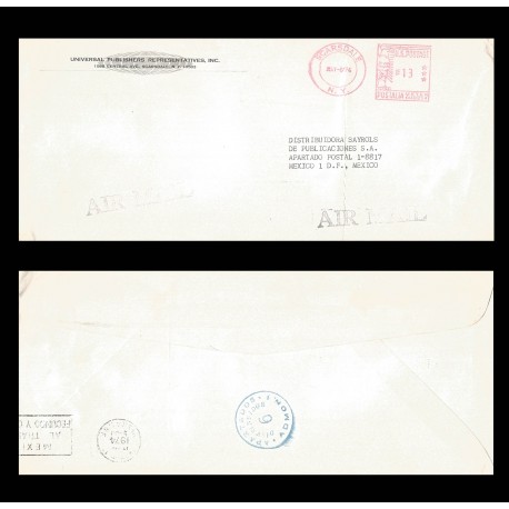 B)1974 USA, EAGLE, POSTALIA, UNIVERSAL PUBLISHERS REPRESENTATIVES, INC, AIRMAIL, CIRCULATED COVER FROM USA TO MEXICO, XF