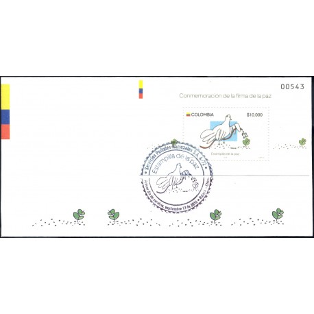 O) 2016 COLOMBIA,STAMP OF PEACE,OLIVE SMELL-ODOR-DOVE,FLOCKED PAPER,FLUORESCENT,COMMEMORATION OF SIGNING OF PEACE, FDC XF