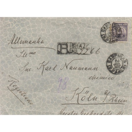 O) 1911 BRAZIL, 500 REIS -PRESIDENT MANUEL FERRAZ DE CAMPOS SALLES,REGISTERED MAIL FROM CAMPINAS TO GERMANY SINGLE RATE,
