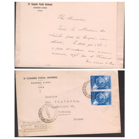 O) 1939 ARGENTINA, XI UPU CONGRES, LETTER REGISTERED TO SWITZERLAND, INCLUIDING THE INVITATION LETTER, COAT OF ARMS-1 C.