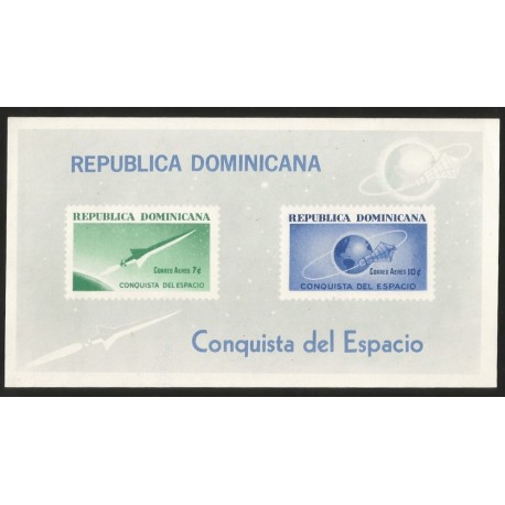 G)1964 DOMINICAN REPUBLIC, ROCKET LEAVIG EARTH-SPACE CAPSULE ORBITING EARTH, SPACE CONQUEST IMPERFORATED S/S, MNH SCN C136a