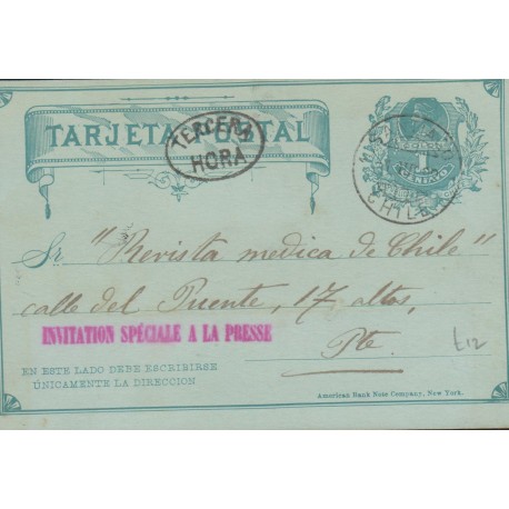 B)1892 CHILE, COLON, 1 CENT, SPECIAL INVITATION TO THE PRESS, TERCERA HORA, POSTAL STATIONERY