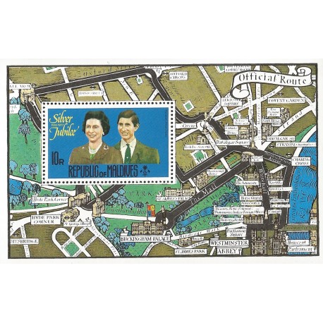 B)1977 MALDIVES ISLANDS, ROYAL, ROYALTY, MAP, ROUTE, QUEEN AND PRINCE CHARLES, 25TH ANNIV. OF THE REIGN OF ELIZABETH II, MNH